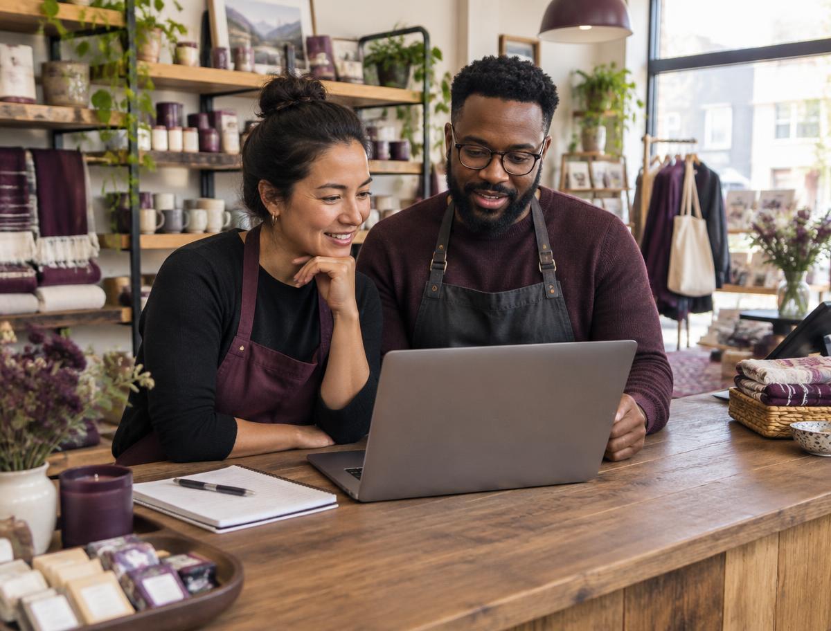 Independent shop owners reviewing their business on a laptop