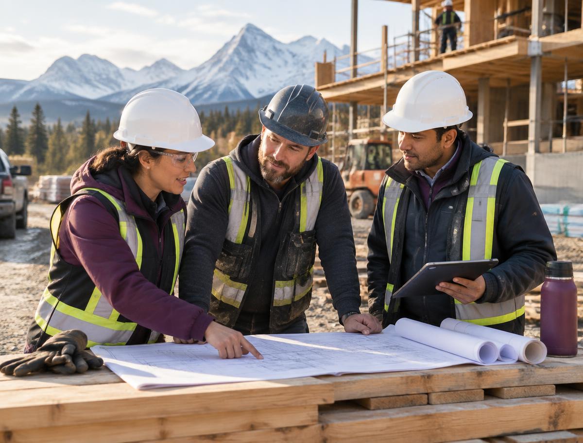 Contractors reviewing project plans at a construction site